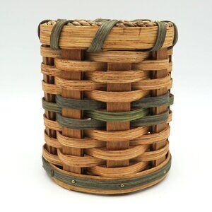 Amish Zooks 5" Basket Handwoven Pencil Holder Wooden Green Accents Braided Trim